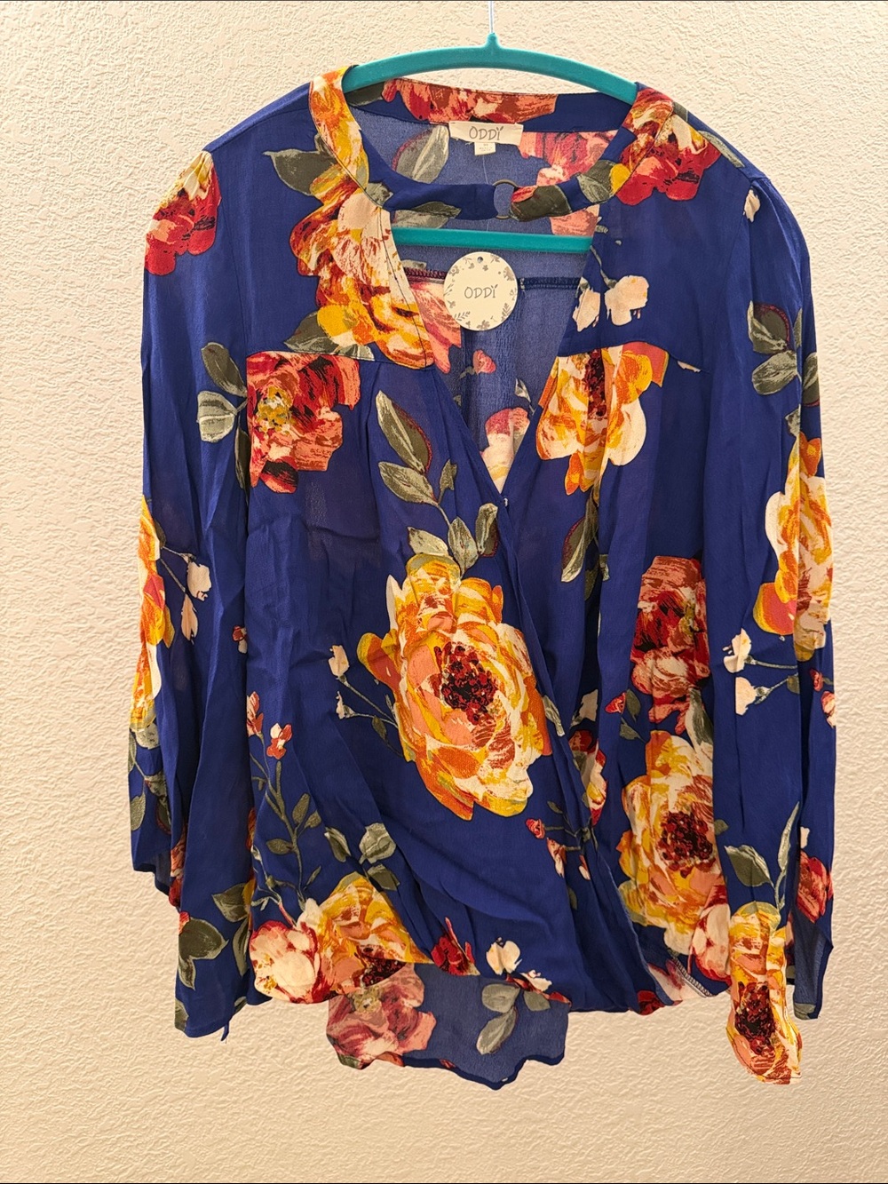ODDI Floral Wrap Blouse - Royal Blue with Yellow Rose Print